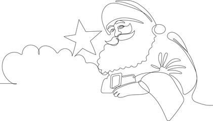 Outlined Cute Santa Claus Cartoon Character With A Sack Full Of Gifts. Vector Hand Drawn Illustration. One continuous line drawing Santa Claus on reindeer and sled. concept for Christmas and New Year