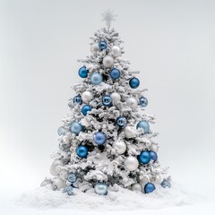 Sapin de Noël enneigé décoré de boules bleues et blanches.
