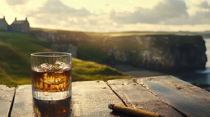 Scotch and cigar on rustic table amidst scottish coastal heritage and scenic sunlit landscape