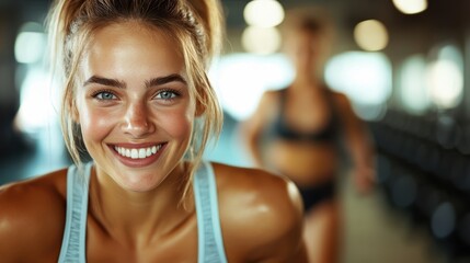 A bright-eyed woman with a radiant smile, embodying positivity and joy while working out in a modern gym environment, showcasing health and happiness.