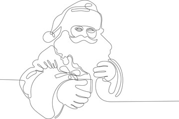 Outlined Cute Santa Claus Cartoon Character With A Sack Full Of Gifts. Vector Hand Drawn Illustration. One continuous line drawing Santa Claus on reindeer and sled. concept for Christmas and New Year