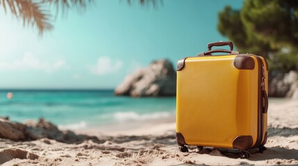 A golden suitcase stands on sandy beach with turquoise sea and rocky shore in background, symbolizing wanderlust, adventure, and a quest for exploration.