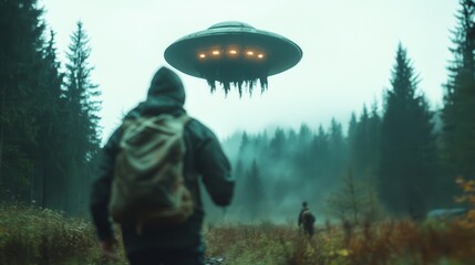 A lone traveler gazes towards a UFO hovering in the misty forest, creating a suspenseful and enigmatic scene blending adventure and extraterrestrial intrigue.