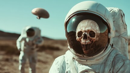 An eerie scene with an astronaut revealing a skull reflection in a helmet, depicting a sense of doom and mystery in an otherworldly environment of space.