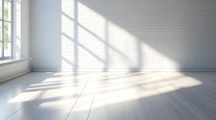 Obraz premium A bright room with soft shadows cast on the floor by a window on a clear day. The minimalistic setup creates a serene atmosphere with classic white brick walls.