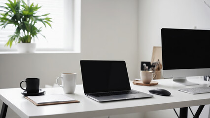 A modern workspace with a laptop, coffee, and a peaceful view during a quiet morning