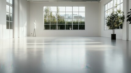 Obraz premium A minimalist white studio space with pristine large windows and ample natural light, featuring an uncluttered atmosphere and a tastefully placed plant.
