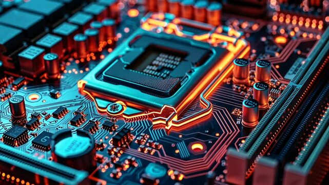 The intricate design of a modern computer motherboard is highlighted with glowing LED lights, revealing detailed circuitry, capacitors, and a processor socket