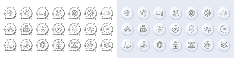 Euler diagram, Yoga and Copper mineral line icons. White pin 3d buttons, chat bubbles icons. Pack of Support consultant, Settings, Pie chart icon. Vector