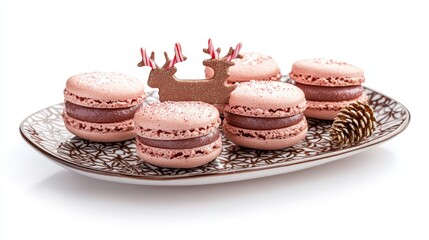 Plate of reindeer and candy cane macarons, Christmas mood, cozy warm candlelight, isolated on white background