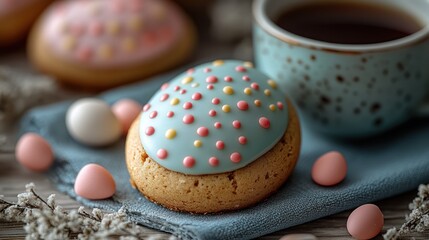 Fototapeta premium A blue and pink Easter egg cookie with sprinkles, surrounded by small pink and white chocolate eggs and a cup of tea, on a blue napkin and wood table.