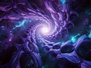 Surreal abstract hyper dimensional blue and purple weaving cosmic galaxy fractal geometric elements spiraling artwork visualization