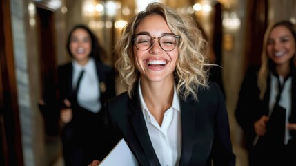 A vibrant image portraying a cheerful, professional individual in business attire with glasses, smiling energetically while moving through sleek, polished corridors.