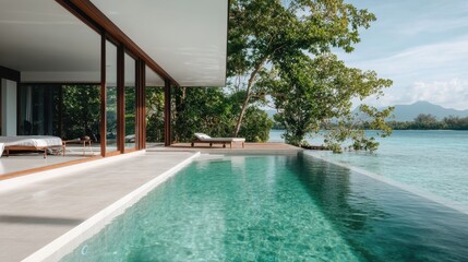 A modern luxury villa showcases an elegant infinity pool overlooking a serene ocean setting, offering tranquility and relaxation with lush green surroundings.