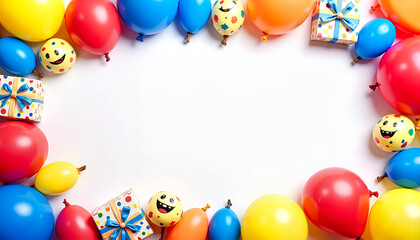 Colorful balloons and gifts frame on white background