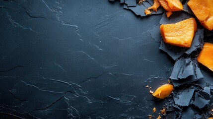 Bright orange fragments scattered on a dark textured background, showcasing fresh, juicy appeal and the richness possible in simple compositions.