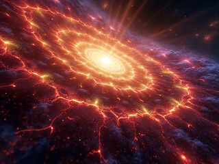 Fototapeta premium Abstract hyper dimensional red and yellow illuminated flowing galaxy artwork visualization
