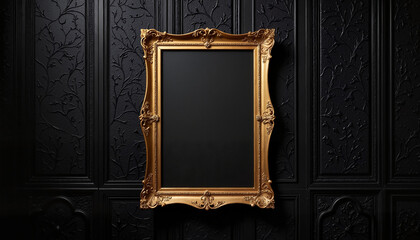 Golden ornate frame on dark textured wall