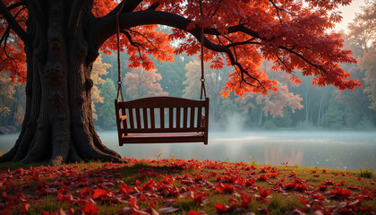 Wooden swing under vibrant autumn tree by misty lake