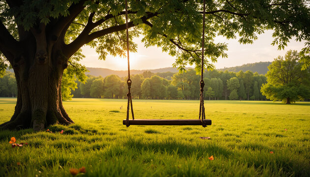 Wooden swing hanging from tree in sunny meadow at sunset