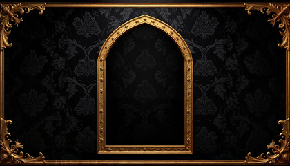 Ornate golden frame on dark floral wallpaper background