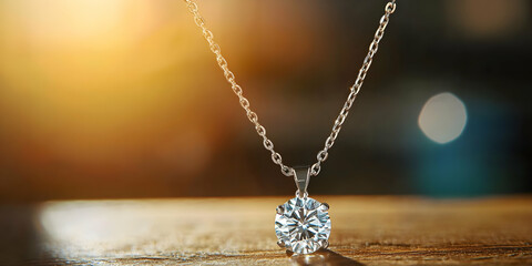 Solitaire round diamond pendant showcased for its brilliance against a neutral background - High quality -