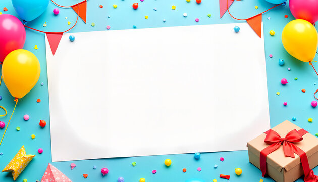 Colorful party decorations frame blank card on blue background