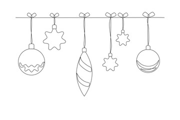 Festive stars and balls drawn with continuous line in minimalism, one line. Editable vector outline.