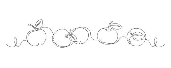 Fresh apples drawn with continuous line in minimalism, single line, editable vector outline.