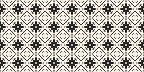 Vector floral seamless pattern with ethnic folk motifs. Simple black and white abstract geometric ornament texture with small cute flowers, repeat tiles. Elegant monochrome background. Repeated design