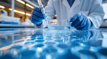 Focused environmental engineer in a lab coat examining polluted water with precision, close-up, detailed view of scientific equipment, contamination inspection