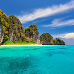 Obraz premium Remote island surrounded by crystal-clear turquoise water and white sandy beaches
