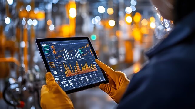Engineer analyzing real-time data on a tablet, monitoring material flow in a lean manufacturing setup, focusing on reducing waste and improving process migration
