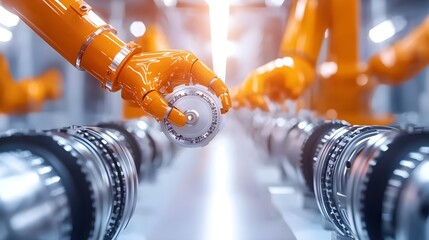 Obraz premium Engineer in a bright, futuristic factory environment, checking the quality of engines and transmissions, automated arms assembling cars in the background