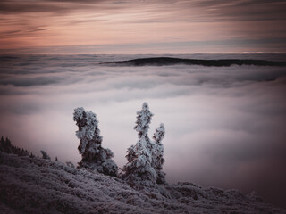 Scenic landscape with a view from a mounatin range to the valley filled with low clouds and fog...
