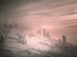 Scenic landscape with a view from a mounatin range to the valley filled with low clouds and fog...