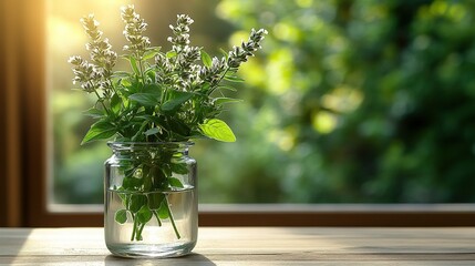 Freshly picked herbs in a glass vase