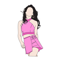 vector illustration of long haired girl dancing in sexy pink dress, korean kpop style woman illustration, kpop idol cartoon line drawing