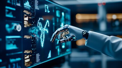 Fototapeta premium Engineer performing maintenance checks on a robotic arm, efficiency graphs displayed on nearby monitors, industrial lighting casting sharp shadows