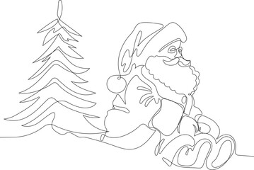 Outlined Cute Santa Claus Cartoon Character With A Sack Full Of Gifts. Vector Hand Drawn Illustration. One continuous line drawing Santa Claus on reindeer and sled. concept for Christmas and New Year