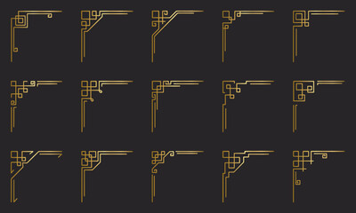 Golden geometric corners frames doodle set.  Vintage decorative angle border, Wedding design elements, decoration. Hand drawn vector illustration isolated on black background