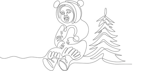 Outlined Cute Santa Claus Cartoon Character With A Sack Full Of Gifts. Vector Hand Drawn Illustration. One continuous line drawing Santa Claus on reindeer and sled. concept for Christmas and New Year