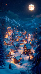 Obraz premium vertical image of a snowy village at night with glowing Christmas lights and a full moon in the sky, suitable for mobile phone