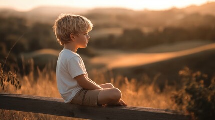a white tan skinned boy, looking down thoughtfully, sitting on an old wooden fence with rolling hills blurred in the background under soft afternoon light