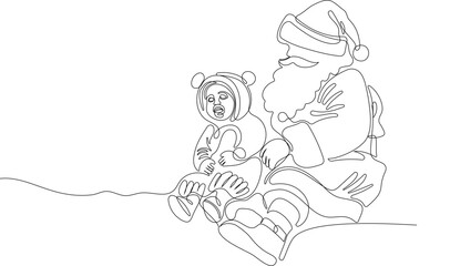 Outlined Cute Santa Claus Cartoon Character With A Sack Full Of Gifts. Vector Hand Drawn Illustration. One continuous line drawing Santa Claus on reindeer and sled. concept for Christmas and New Year