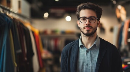 Fototapeta premium Young man managing a clothing store, minimal background with ample copy space focusing on his role.