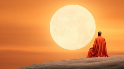 Monk meditating under a giant, glowing sun on a serene hilltop, AI