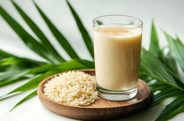 A glass of horchata, a traditional Mexican drink made from rice, cinnamon, and vanilla, served on a wooden tray with rice and green leaves in the background.