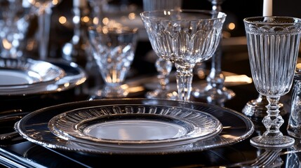 A sophisticated table arrangement featuring sparkling crystal glassware and intricately detailed plates, set against a luxurious, dimly lit backdrop.