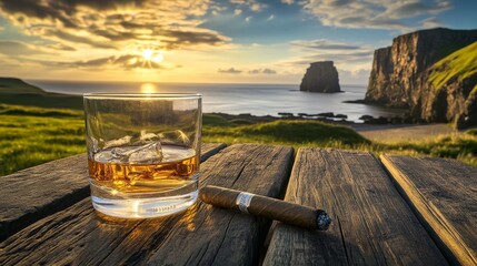 Rustic coastal heritage  scotch and cigar on a wooden table amidst scotland s dramatic landscape